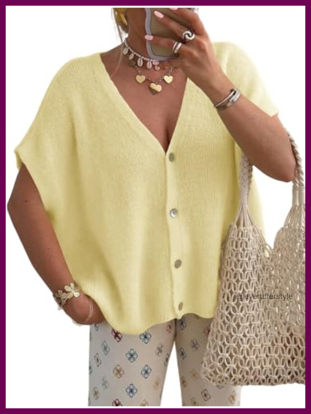 Womens Oversized Knit Cardigan Batwing Short Sleeve V-Neck Button Front